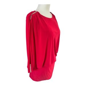 Cache Red Batwing Sleeve Mini Dress Rhinestone Shoulder Size M Made in USA